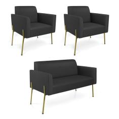 Imagem de Sofá Namoradeira e 2 Poltronas Pé de Ferro Dourado Marisa Corino Preto D03 - D`Rossi