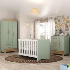 Imagem de Quarto De Bebê Completo Guarda Roupa 3 Portas 2 Gavetas Com Cômoda E Berço Moana Espresso Móveis Verde Fosco/Nature
