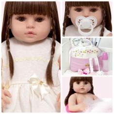 Imagem de Boneca Reborn 100% Silicone Cabelo Longo Com Itens Enxoval - Cegonha R