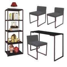 Imagem de Kit Escritório Ravi 3 Cadeiras Suede Cinza com 1 Mesa e 1 Livreiro Ferro Marrom MDF Preto - Ahazzo Móveis