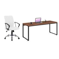 Imagem de conjunto de mesa kuadra nogal e preta com cadeira de escritório diretor giratória oslo branca
