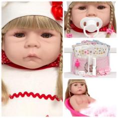 Imagem de Boneca Reborn Menina 100% Silicone Pode Banho Bolsa 20 Itens - Cegonha