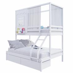 Imagem de Beliche Casinha Reta Casal- Solteiro Com 02 Gavetas E Cortina Madeira Maciça Branco Housin