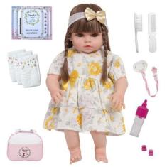 Imagem de Boneca Reborn Bebê 46cm Vestido Florido Bolsa Kit Itens - Cegonha Rebo