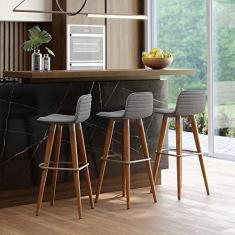 Imagem de KIT 3 BANQUETAS ALTAS LUXO LINEA AÇO CHAMPANHE LINHO CINZA BASE CARVALHO