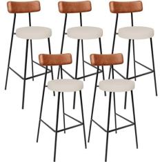 Imagem de Kit 05 Banquetas Alta Bar Cozinha Sala De Jantar Milão L02 Couríssimo Camel Linho Cru - Lyam Decor
