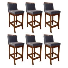 Imagem de Kit 6 Banquetas Média Estofada com Encosto 38 x 92 Cm Turim Madeira Maciça Pinhão Suede Cinza CCS
