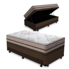 Imagem de Cama Box Baú E Auxiliar Solteiro Marrom + Colchão De Molas Ensacadas -