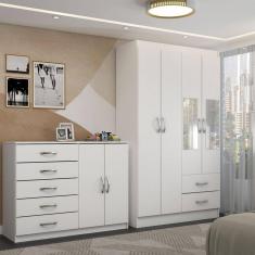 Imagem de Guarda-Roupa Solteiro Mason 4 Portas 2 Gavetas e Espelho com Cômoda 2 Portas 5 Gavetas Branco - Panorama Móveis