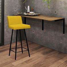 Imagem de Kit Mesa Suspensa de Parede Fixa MDF Freijó + 1 Banqueta Lexi Ferro Preto Suede Amarelo - Ahazzo Móveis