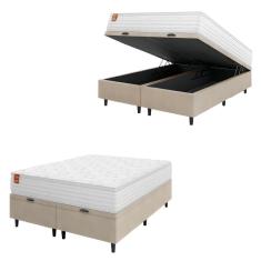 Imagem de Cama Box Baú Colchão Casal King Molas Ensacadas Real 193x203x68cm Branco / Bege Inducol