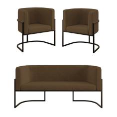 Imagem de Kit 2 Poltronas + Sofá 2 Lugares Base De Metal Black Balaqui Marrom