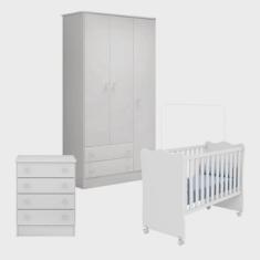 Imagem de Quarto de Bebê Completo Berço Com Rodízios Guarda Roupa 3 Portas e Cômoda Doce Sonho Branco Branco - Móveis Leartam