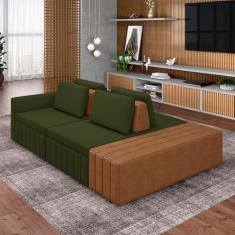 Imagem de Sofá Ilha com Encosto e Almofadas Móveis Olimpo 285cm Modulado Linho/PU Verde/Caramelo G45 - Gran Belo