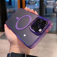 Imagem de Capa de telefone transparente magnética chapeada para iPhone 14 ProMax Plus 11 12 13 Pro Max Armor Proteção de lente Capa rígida à prova de choque, moldura roxa, para iPhone 14