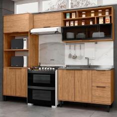 Imagem de Cozinha Compacta Laura 7 Portas 3 Gavetas com Vidro 100% Mdf Freijo - Mx Móveis