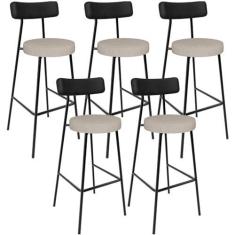 Imagem de Kit 05 Banquetas Alta Bar Cozinha Sala De Jantar Milão L02 Couríssimo Preto Linho Bege - Lyam Decor