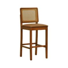 Imagem de Banqueta Alta Bistrô Lyon Madeira Maciça Encosto Telinha  Assento Estofado Sintético Amêndoa/Caramelo