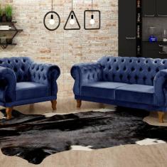 Imagem de Sofá 2 e 1 Lugares Duquesa Decoração Sala Recepção Retrô Azul Marinho