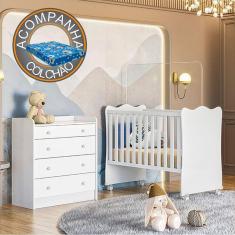 Imagem de Quarto de Bebê Doce Sonho com Cômoda 2523 e Berço Simples 1 c/ Rodízios Qmovi Branco + Colchão Ortobom