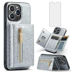 Imagem de Capa de telefone para iPhone 13 Pro Max 2021 6,7 polegadas capa carteira com protetor de tela de vidro temperado compartimento para cartão com glitter celular iPhone13promax 5G i Phone13Max Plus