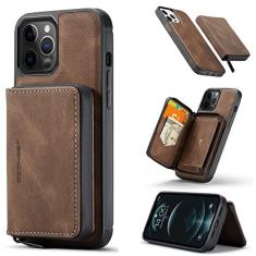 Imagem de Capa carteira removível 2 em 1 compatível com iPhone 12 Pro, capa traseira de couro fina à prova de choque, capa protetora com zíper com suporte magnético com suporte para cartão + capa de bolso para