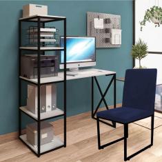 Imagem de Kit Escritório Mesa Max BeX 5 Prateleiras e Cadeira Stan Preto Tampo Branco Corino Azul Marinho - Ahz Móveis