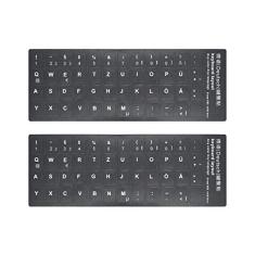 Imagem de Pacote com 2 adesivos universais de teclado russo para laptop, PC, teclado de mesa, adesivos de substituição de teclado de computador, fundo preto com linguagem de letras brancas
