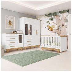 Imagem de Quarto de Bebê com Berço Guarda-roupa e Cômoda com Janelas 100% Mdf Retrô Kakau Espresso Móveis Branco Brilho/Amêndoa
