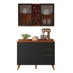 Imagem de Armário De Cozinha 4 Portas Gavetas Vidro 1,20M Preto/Nature