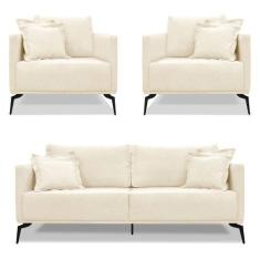 Imagem de Kit 2 Poltronas E Sofá Living 2 Lugares 1,60M Sirius Linho Bege Pés Me