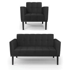 Imagem de Sofá Namoradeira E Poltrona Base De Madeira Preto Elisa Corino D03 - D`rossi Cor Preto