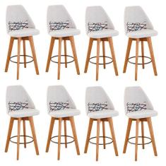 Imagem de Kit 08 Banquetas Alta Maya Giratória Com Encosto Gourmet Linho Bege e Almofada Linhas Coloridas - Aurora Line