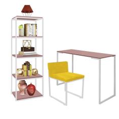 Imagem de Kit Escritório Ravi 1 Cadeira Suede Amarelo com 1 Mesa e 1 Livreiro Ferro Branco MDF Rose Rosa - Ahazzo Móveis