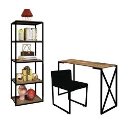 Imagem de Kit Escritório Bex 1 Cadeira Sintético Preto com 1 Mesa e 1 Livreiro Ferro Preto MDF Caramelo - Ahazzo Móveis