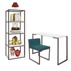Imagem de Kit Escritório Ravi 1 Cadeira Suede Azul Turquesa com 1 Mesa e 1 Livreiro Ferro Marrom MDF Branco - Ahazzo Móveis