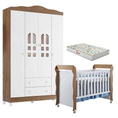 Imagem de Berço Americano Mirelle e Guarda Roupa New Selena 4 Portas Branco Acetinado Amadeirado com Colchão Gazin - Carolina Móveis