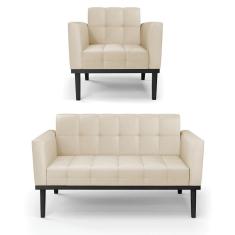 Imagem de Sofá Namoradeira E Poltrona Base De Madeira Preto Elisa Corino D03 - D`rossi Cor Bege