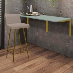 Imagem de Kit Mesa Suspensa de Parede Fixa MDF Verde Oliva + 1 Banqueta Lexi Ferro Dourado Sintético Bege - Ahazzo Móveis