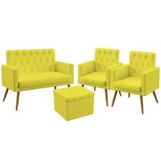 Imagem de Kit Poltrona Namoradeira e 2 Poltronas Decorativas Vega Rodapé Botões Capitonê Puff Quasar Botões Sued  Aradecor