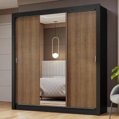 Imagem de Guarda-roupa Casal 3 Portas de Correr com Espelho Preto/rustic Nobre Madesa