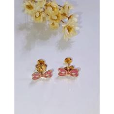 Imagem de Brinco infantil semijoia lacinho rosa com poá banho ouro18k-Feminino