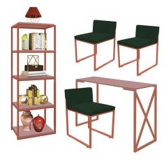Imagem de Kit Escritório Bex 3 Cadeiras Suede Verde com 1 Mesa e 1 Livreiro Ferro Bronze MDF Rose Rosa - Ahazzo Móveis