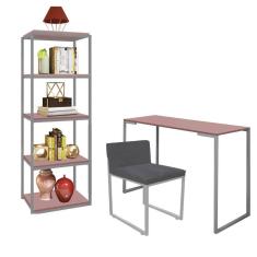 Imagem de Kit Escritório Ravi 1 Cadeira Suede Cinza com 1 Mesa e 1 Livreiro Ferro Cinza MDF Rose Rosa - Ahazzo Móveis