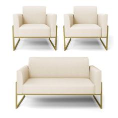 Imagem de Sofá Namoradeira Com 2 Poltronas Base Industrial Alta Dourado Marisa Linho D03 - D\`rossi Cor A19 Bege