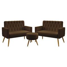 Imagem de Kit 2 Poltronas Namoradeiras Decorativas Estofadas Nina Com Rodapé E Botões Puff Solar Capitonê Sued Marrom Aradecor