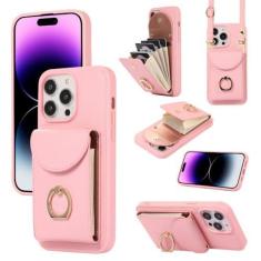 Imagem de Para iphone14pro 13promax titular do cartão cordão anel suporte cartão moeda bolsa capa de couro, rosa, para iphone 12
