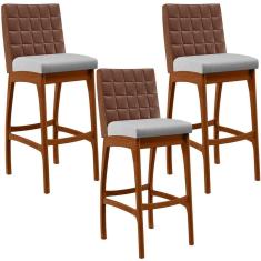 Imagem de Kit 03 Banquetas Altas Mila Marrom Linho Cinza