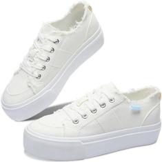 Imagem de Obtaom Tênis feminino de lona plataforma branco confortável para brincar na moda, casual, plataforma elevatória, com cadarços, sapatos bonitos de caminhada de cano baixo para mulheres, Branco natural,