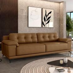 Imagem de Sofá Living 3 lugares 232cm Agostino Pés Design em Ferro Couro Caramelo G52 - Gran Belo